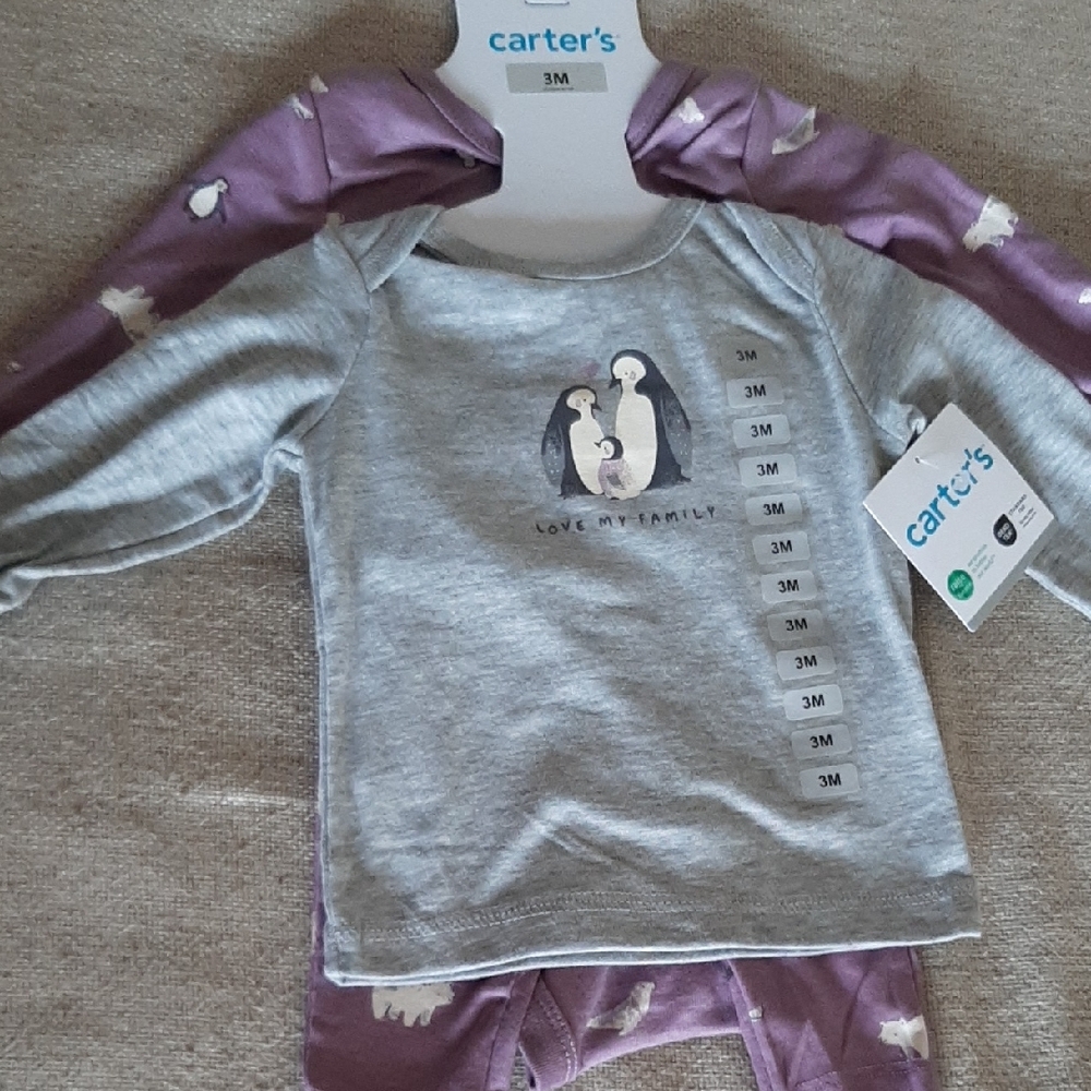 Carter's Gray and Purple Penguin Matching Set